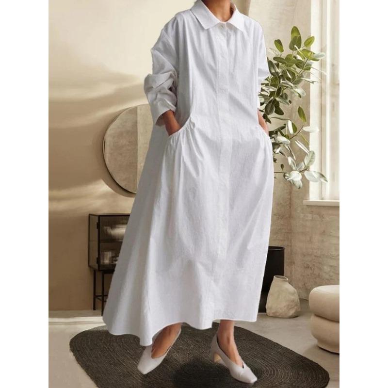 JPNTKY Fashion Summer Spring Solid Color Print Long Sleeve POLO Neck Casual Dresses