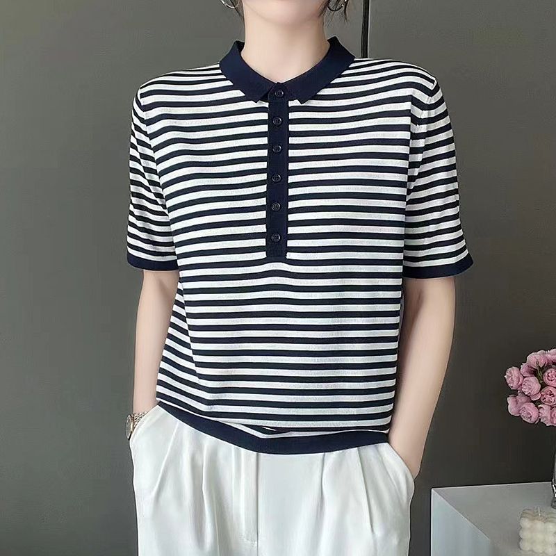 

Color Matching Semi-Open Buckle Female Summer Stand Collar Tencel Pullover Navy blue M