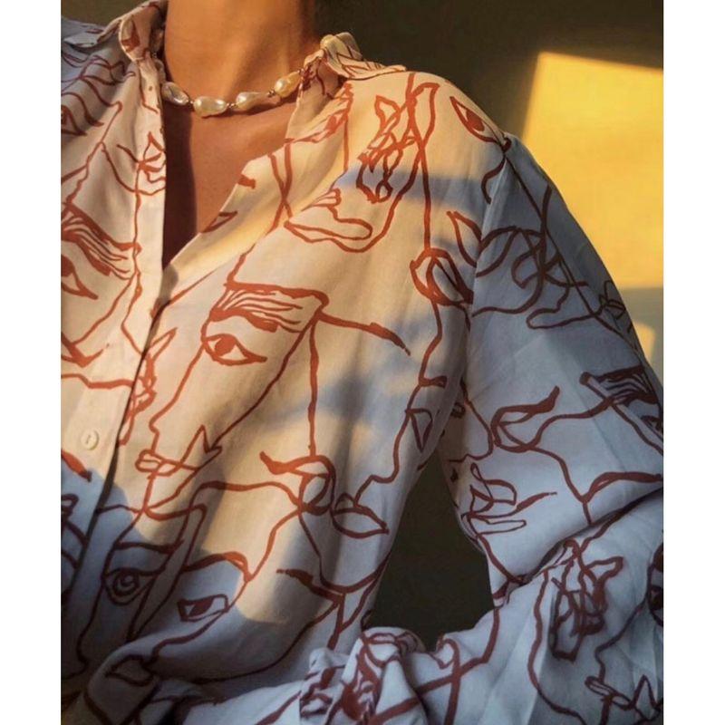 

Портретная геометрия Мода Свободный крой Длинные рукава Винтажная рубашка Portrait Print graffiti shirt L.