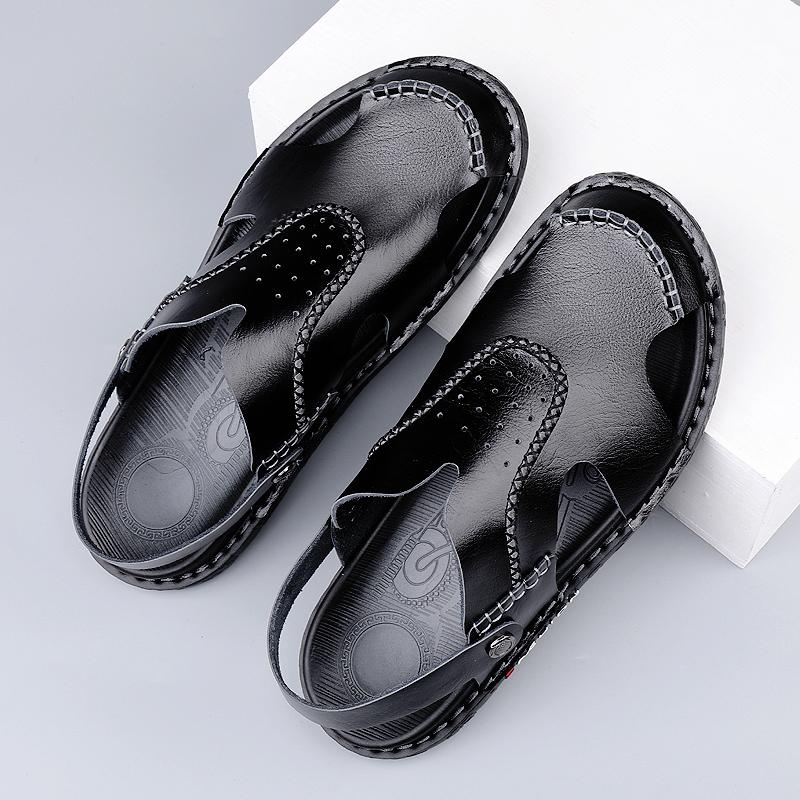 

Мужские сандалии Baotou, два способа ношения, натуральная кожа, летние пляжные тапочки, мужская нескользящая удобная обувь для отдыха на открытом воздухе, высокое качество 45 чёрный