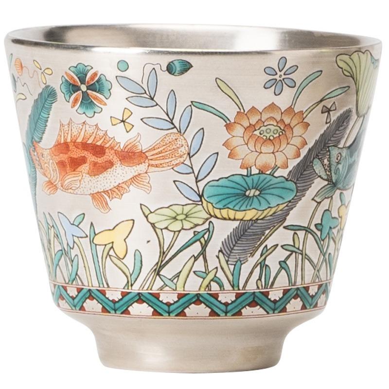 Plating Silver Ceramics Teacup Hand-painted Fish Master Cup Retro Tea Bowl Chinese Kung Fu Teaset Drinkware Teaware Tea Ceremony