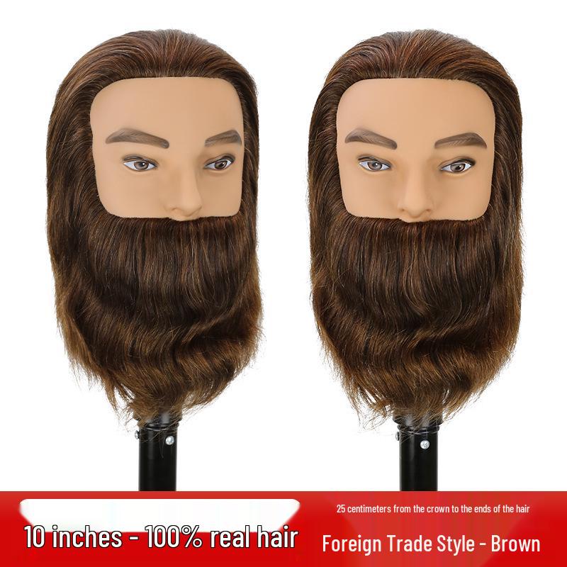 Men's Beard Model Head with Human Hair for Styling, Perming, and Dyeing - Perfect for Apprentice Practice in Barbershops.