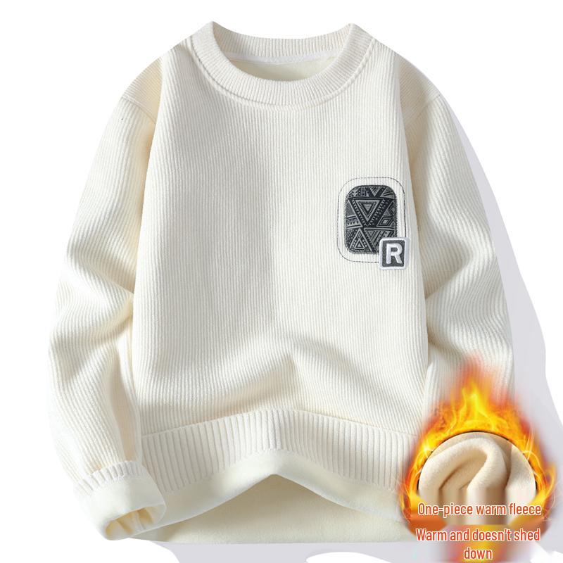 Men's Autumn-Winter Velvet Sweater: Thick Knit Base Layer for Teens