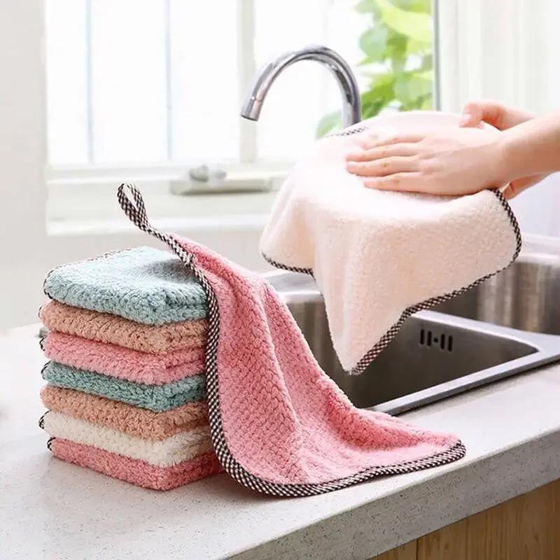 Kitchen Cleaning Coral Velvet Towel Rag Non-stick Oil Dish Cloth Double-sided Absorbent Thickening Scouring Tools Accessories