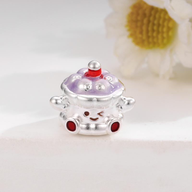 Sterling Silver 999 Blueberry Crisp Cake DIY Jewelry Beads with Hand-Woven Rope