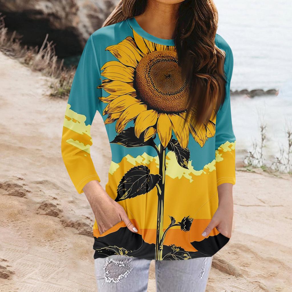 Damenmode Lässiges T-Shirt mit Rundhalsausschnitt, 3/4-Ärmeln und Tasche