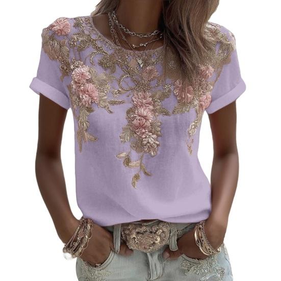 Women Tops Round Neck Short Sleeve Pullover Tops Loose Fit Faux Pearls 3D Floral