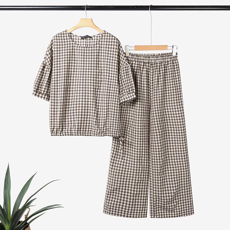 ZANZEA Women 3/4 Sleeve Blouse and Pants Casual Plaid Print Two Piece Suit Sets