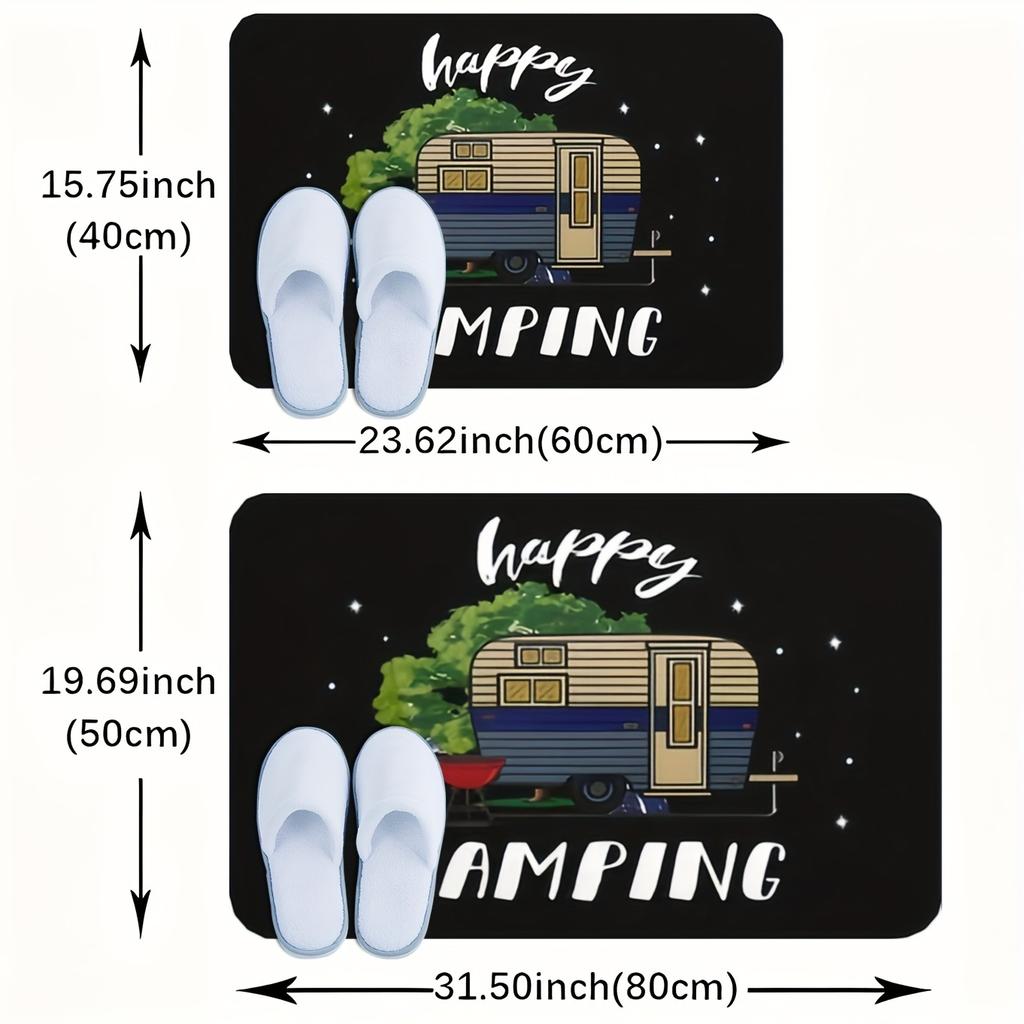 1 Happy Camper Wohnmobil Design Fußmatte | Maschinenwaschbar mit Wohnmobil und Lagerfeuer | Perfekt für Wohnzimmer, Schlafzimmer, Küche