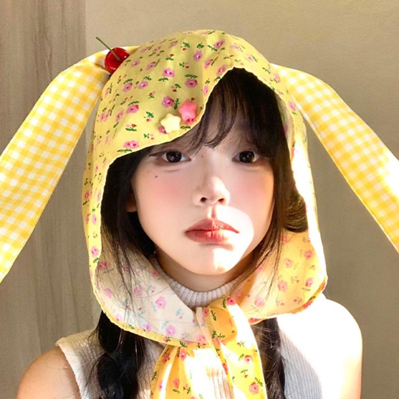 Cute Rabbit Ears Headscarf Hat Cherry Flossom Pattern Soft Cotton Hair Accessory For Women Adults Adjustable Headwear