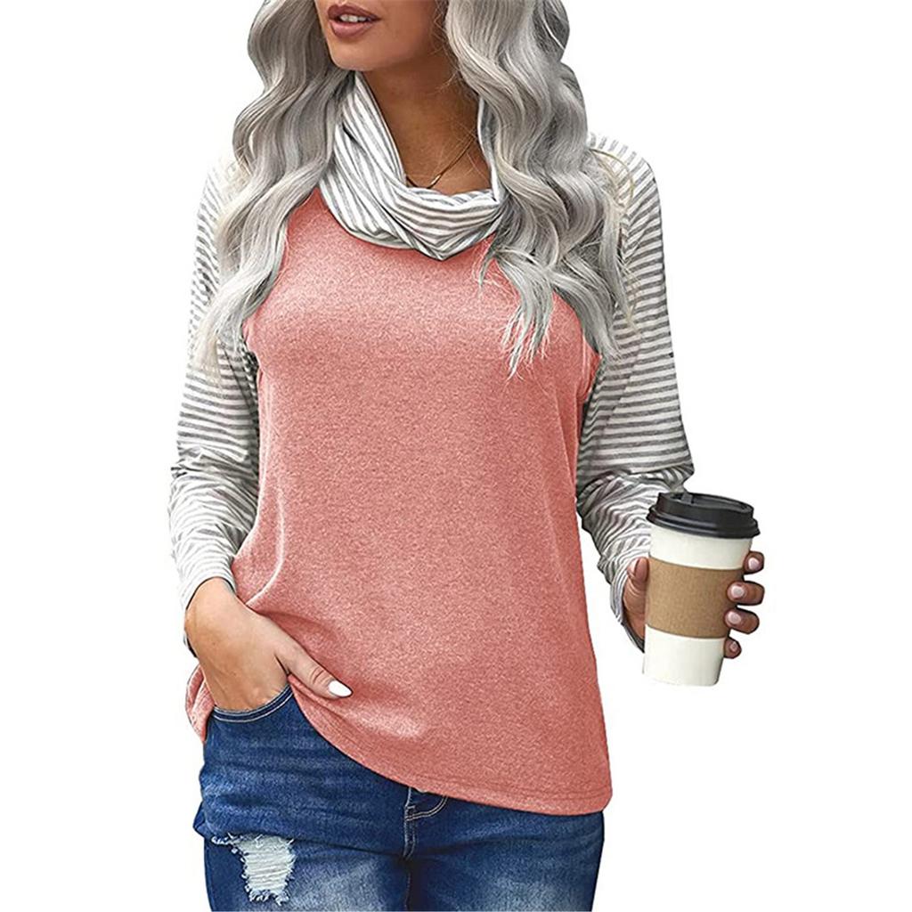 Women's Fashion Striped High Neck Color Blocking Women's Long Sleeve T-Shirt Top