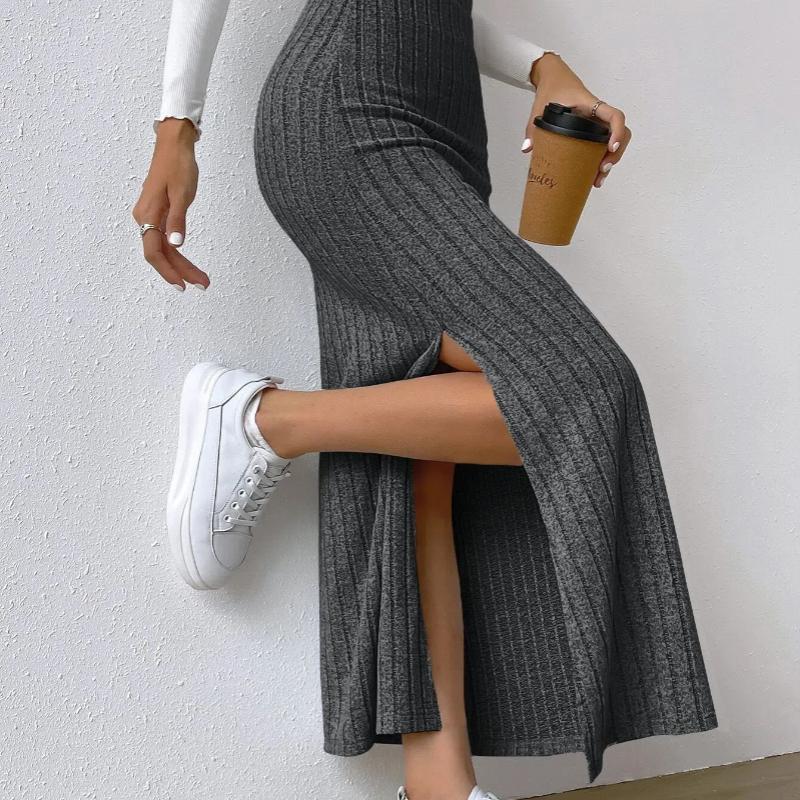 

Весенняя новая трикотажная юбка с высокой талией, длинная юбка с разрезом по бокам для детей L темно-серого