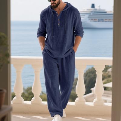 Abito casual da uomo in lino autunnale transfrontaliero, tuta con felpa con cappuccio larga e pantaloni a maniche lunghe
