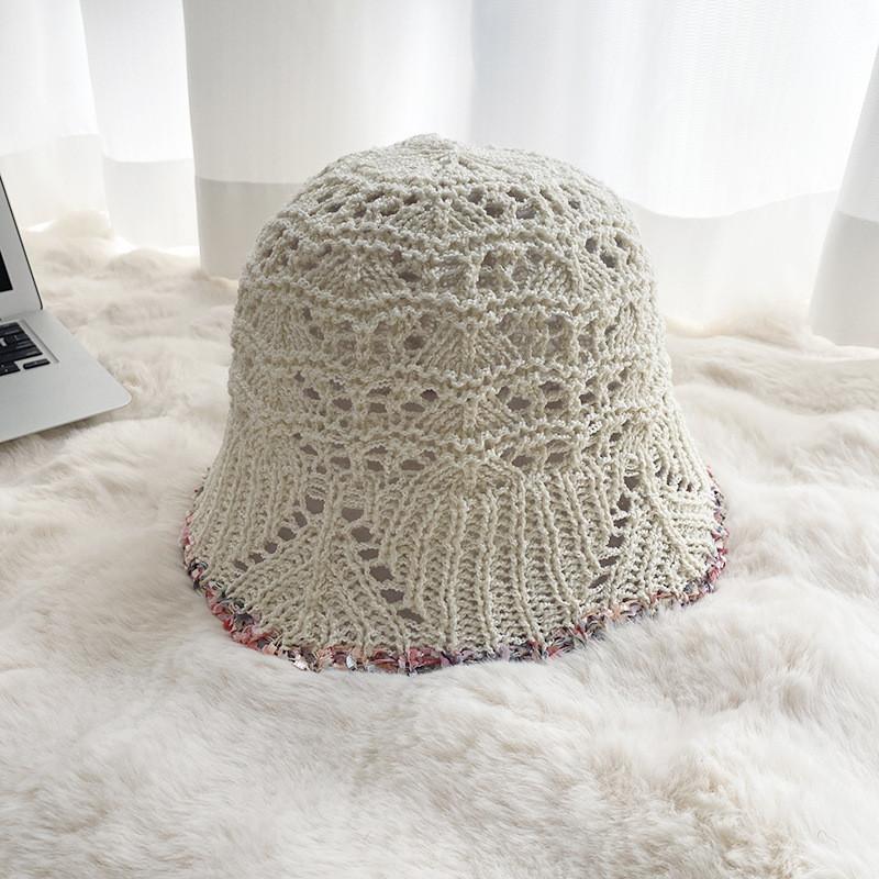 Stylish Round Top Knit Sun Hat With Floral Lace Trim Lightweight Sunscreen Bucket Cap For Summer