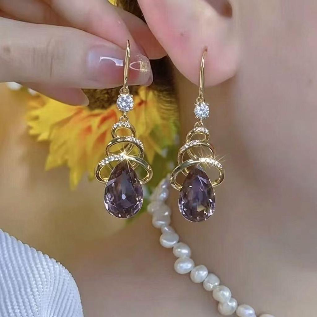 Elegant Purple Shiny Water Drop Earrings - Stylish High-End Ear Drops for Women