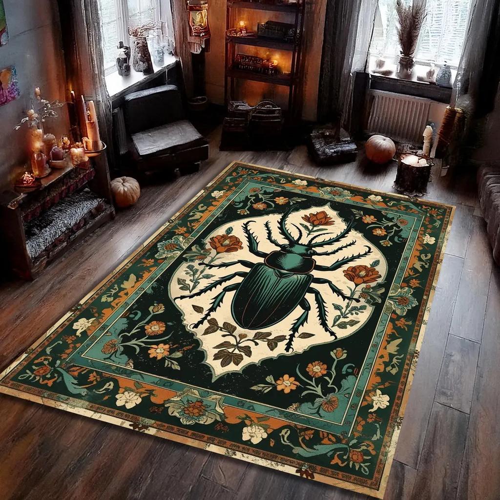 Vintage Stag Beetle Rug, Gothic Insect Carpet with Botanical Carpet, Boho Persian Style Bug , Mothcore Home Decor Mat Insect Rug