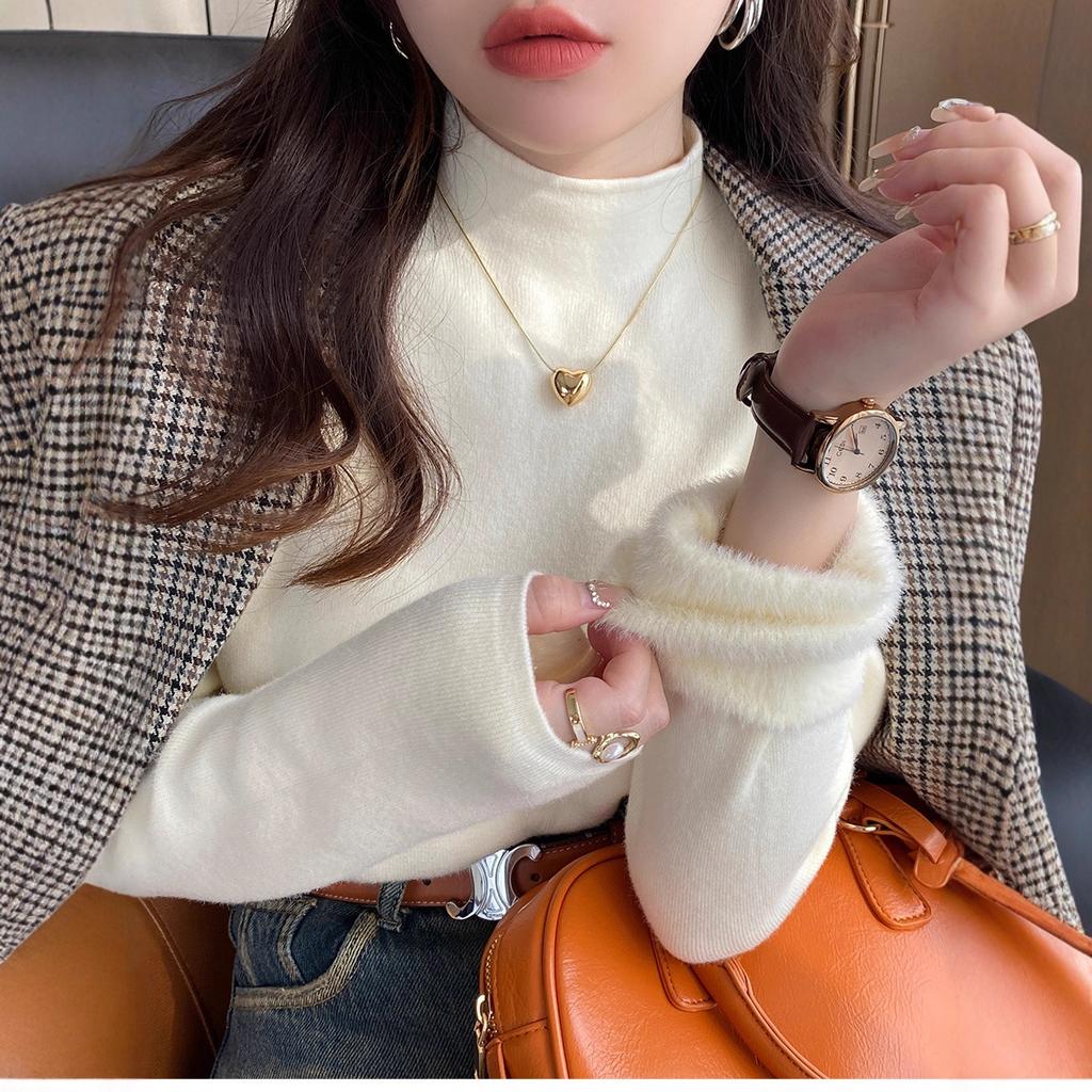 Yellow Semi-turtleneck Sweater Women's Autumn and Winter New Fleece Thickened Inner Integrated Fleece High-end Bottoming Top