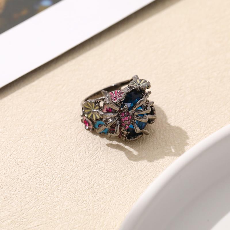 Huajie Cosplay Rings Spider Climbing Zircon Colorful Flower Creative Women's Ring Party Trend