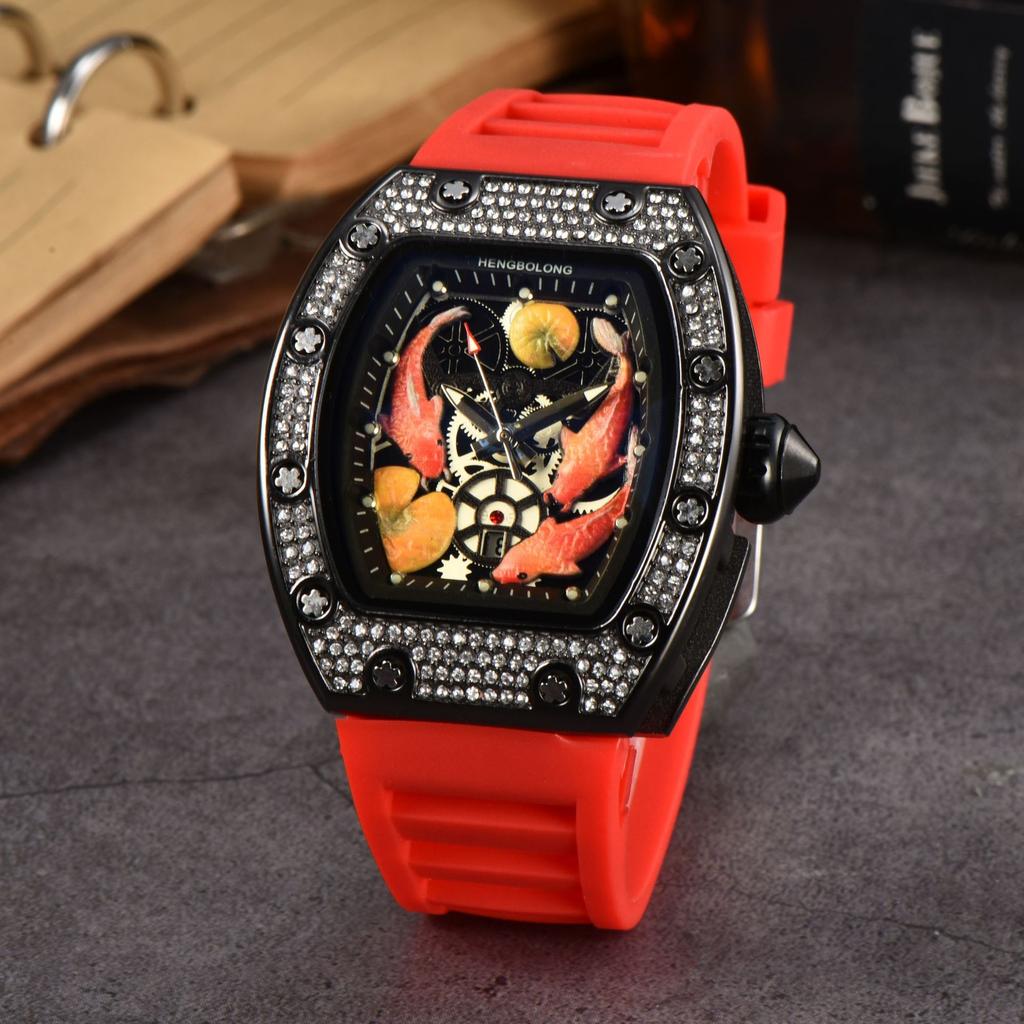 2025 New Hengbolong Diamond Quartz Watch Men's Fashion Koi Pattern with Calendar Silicone Watch with Spot