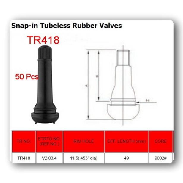 50 Valves TR418 STANDARD 2 SNAP IN TUBELESS BLACK RUBBER TIRE VALVE STEM
