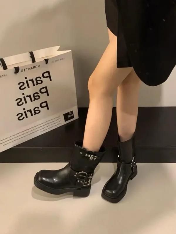 Women Platform Shoes  Simple Retro Western Cowboy Boots Square Toe Thick Heel Soft Soled Comfortable Knight Biker Boots
