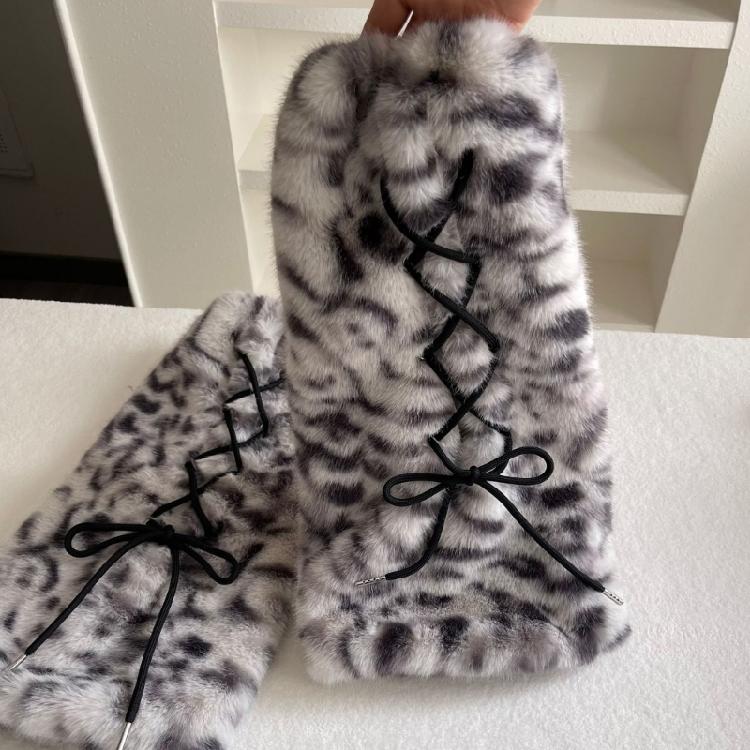 Dicke Damen-Beinwärmer für kühles Wetter aus Kunstpelz mit Plüsch-Leopardenmuster und gekreuzter Schnürung, Warme Stiefelüberzieher Socken für Lagenlook