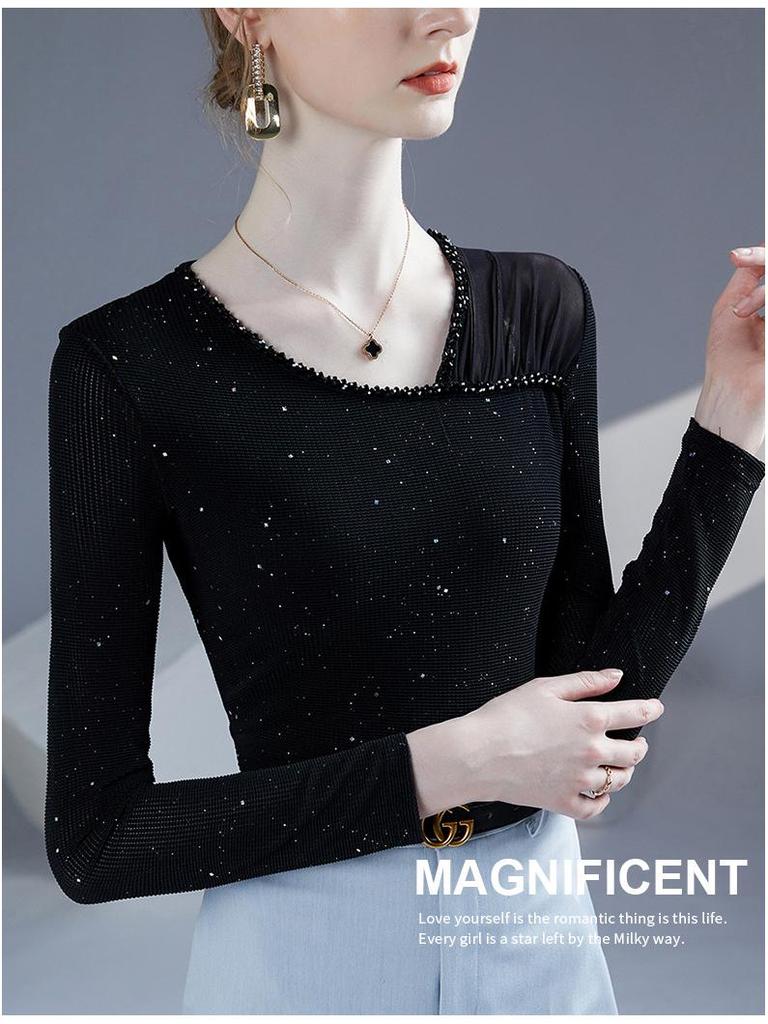 Women's Hand-Beaded Mesh Top - Slanted Neck, Long Sleeve, Autumn/Spring Fashion