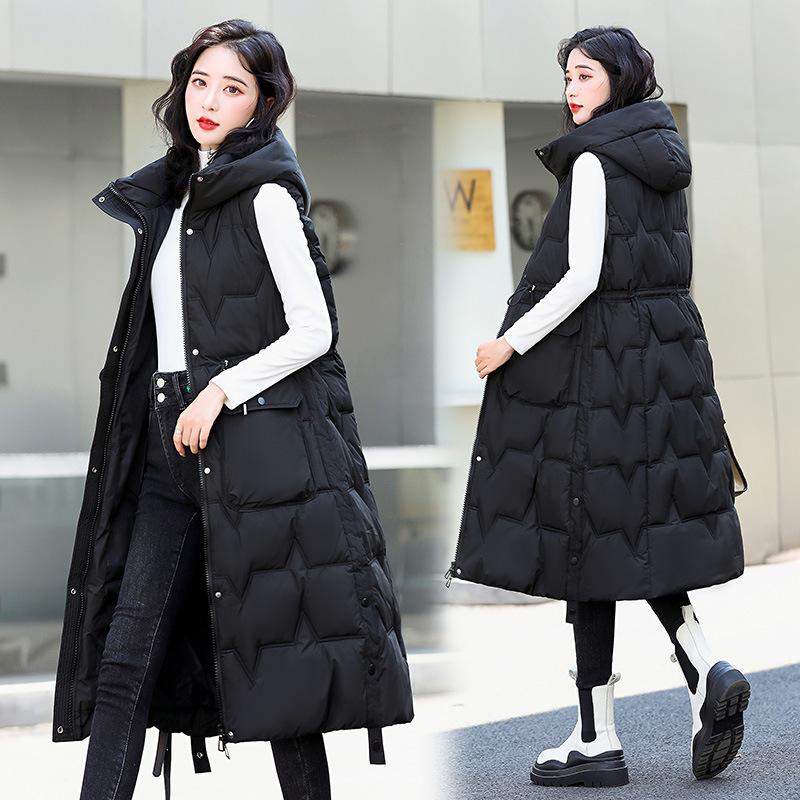 Damen Herbst Winter Kapuzen Ärmelloser Langer Weste Mantel Oberbekleidung Daunenjacke Baumwolle Gepolsterte Parkas Weste