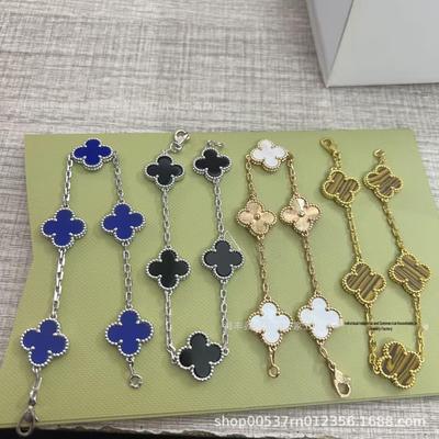 18K Gold-Plated French Four-Leaf Clover Bracelet with Red Agate & Mother-of-Pearl