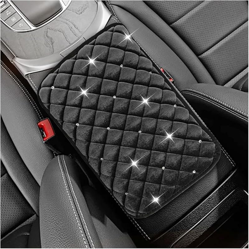 Bling Car Center Console Cover, Soft Comfortable Fluffy Car Armrest Cover, Crystal Rhinestone Seat Box Cushion Protector, Automotive Interior