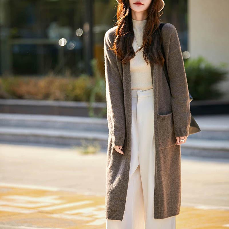 2025 Autumn/Winter Korean-Style Knee-Length Knit Cardigan - No Button, Double Pocket, Loose Fit, Solid Color