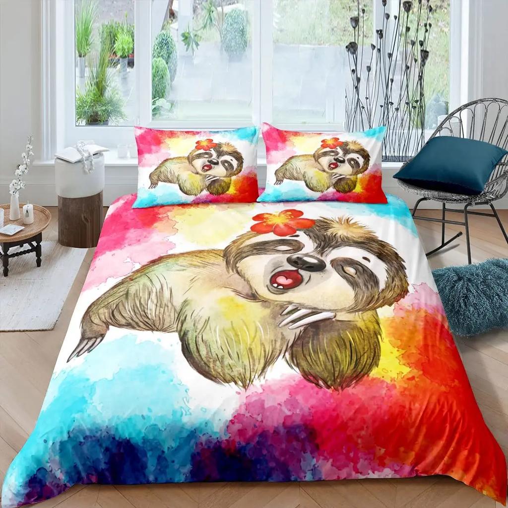 Floral Sloth Cartoon Cute Sloth Duvet Cover Flowers Sloth Animal Cover Kids Boys Girls Gifts Bedding Sets for Bedroom Decortion