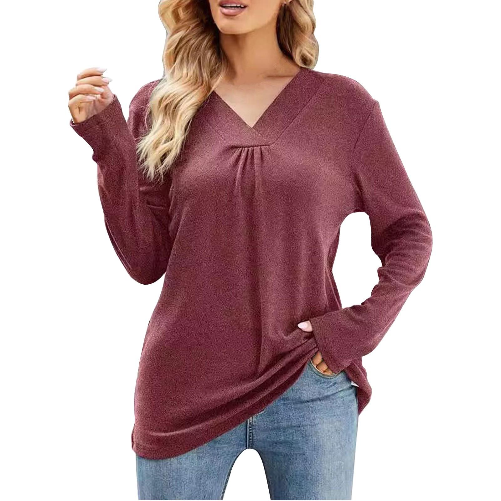 Women s Fashion Casual T-Shirt Colour V-Neck Loose Pleated Pullover Top XXL