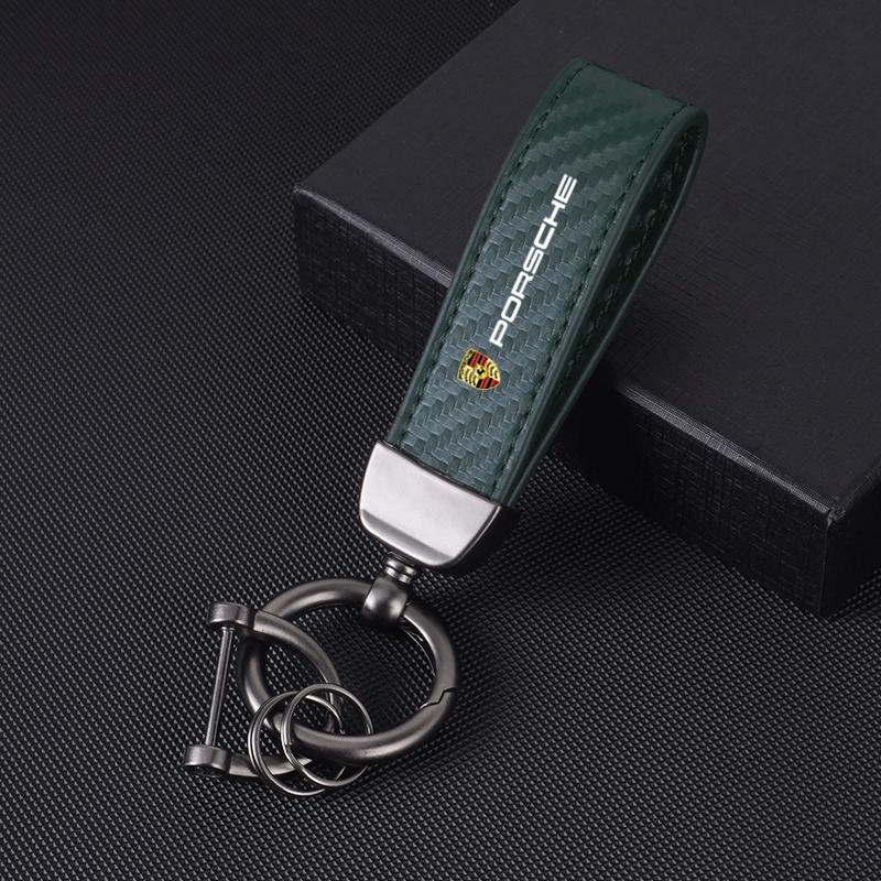Car Carbon fiber Leather Keychain 3D Emblem Key Ring For Porsche Panamera Cayenne Taycan 911 718 Macan Carrera-GT 928 944 968