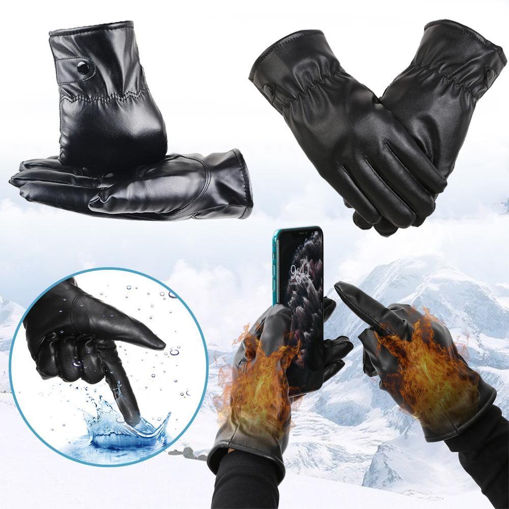 Winter Leather Thermal Warm Windproof Gloves Black Gloves Anti Slip Mittens Touchscreen