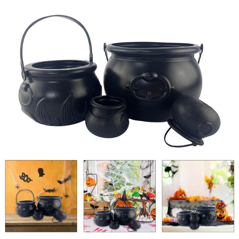 Pack Of 4 Large Black Witch Cauldron Kettles, MultiSize Candy Holders for Halloween & Patrick's Day Party Decors