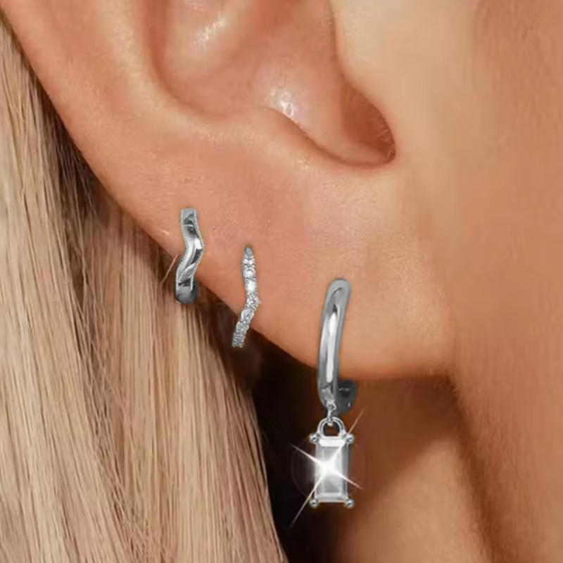 3PCS Crystal Flower Tragus Stud Earring Set Women Fashion Square Huggie Hoop Earring Bulk Cartilage Helix Jeweley Lobe Piercing