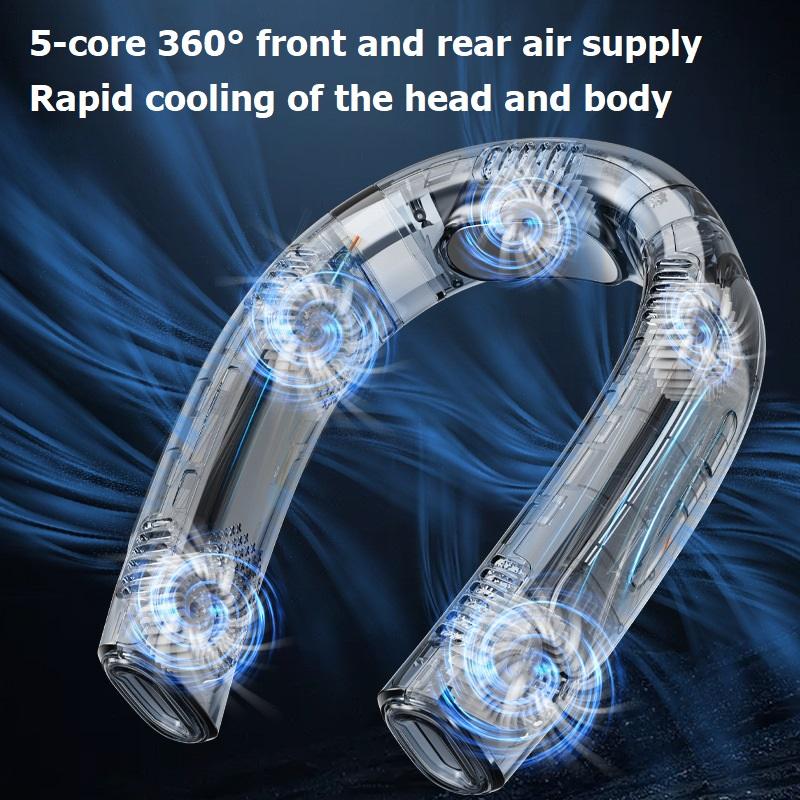 2024 Ventola di raffreddamento portatile Penta-Core Motor Summer Neck Fan 6000mah USB ricaricabile 360 ° Surround Vento silenzioso Ventilatore senza lama
