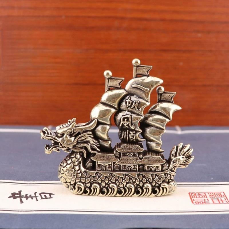 2026 Brass Dragon Boat Feng Shui Wealth Luck Mini Ornament for Office Desktop Living Room Home Decor Smooth Sailing Design