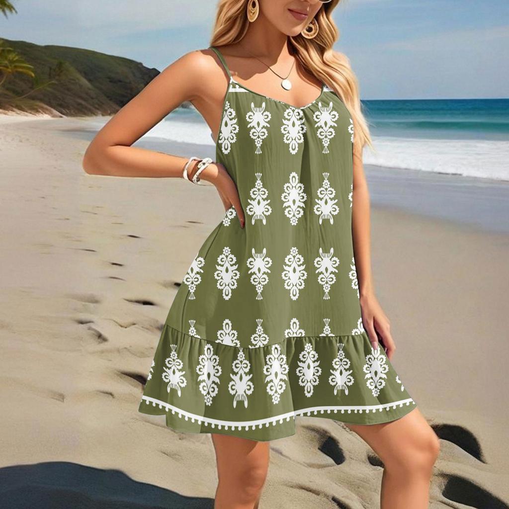 Women's Dresses Sleeveless Loose Casual Floral Print Hem Pleated Beach Dresses