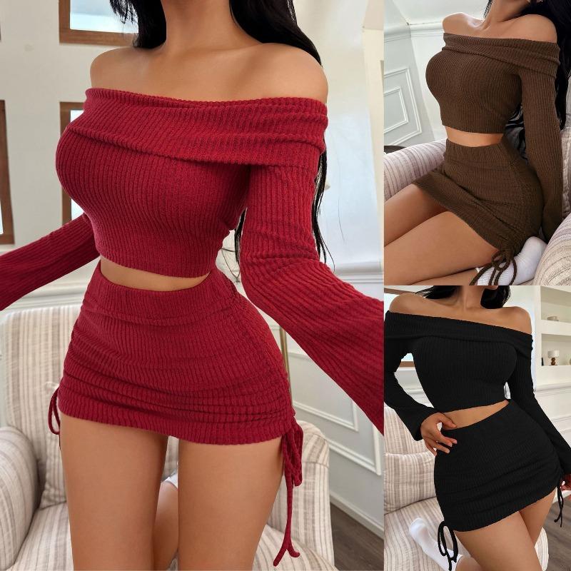 Fashionable and Sexy Knit Cropped Off-the-Shoulder Long-Sleeve Sweater and Skirt Set for Women