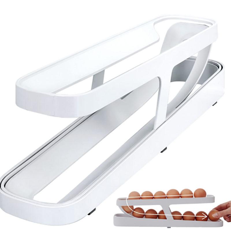 

Автоматический прокручиваемый диспенсер для яиц, держатель для яиц на холодильник, стеллаж для хранения, кухонный автоматический складной органайзер для яиц, лоток, аксессуары белый