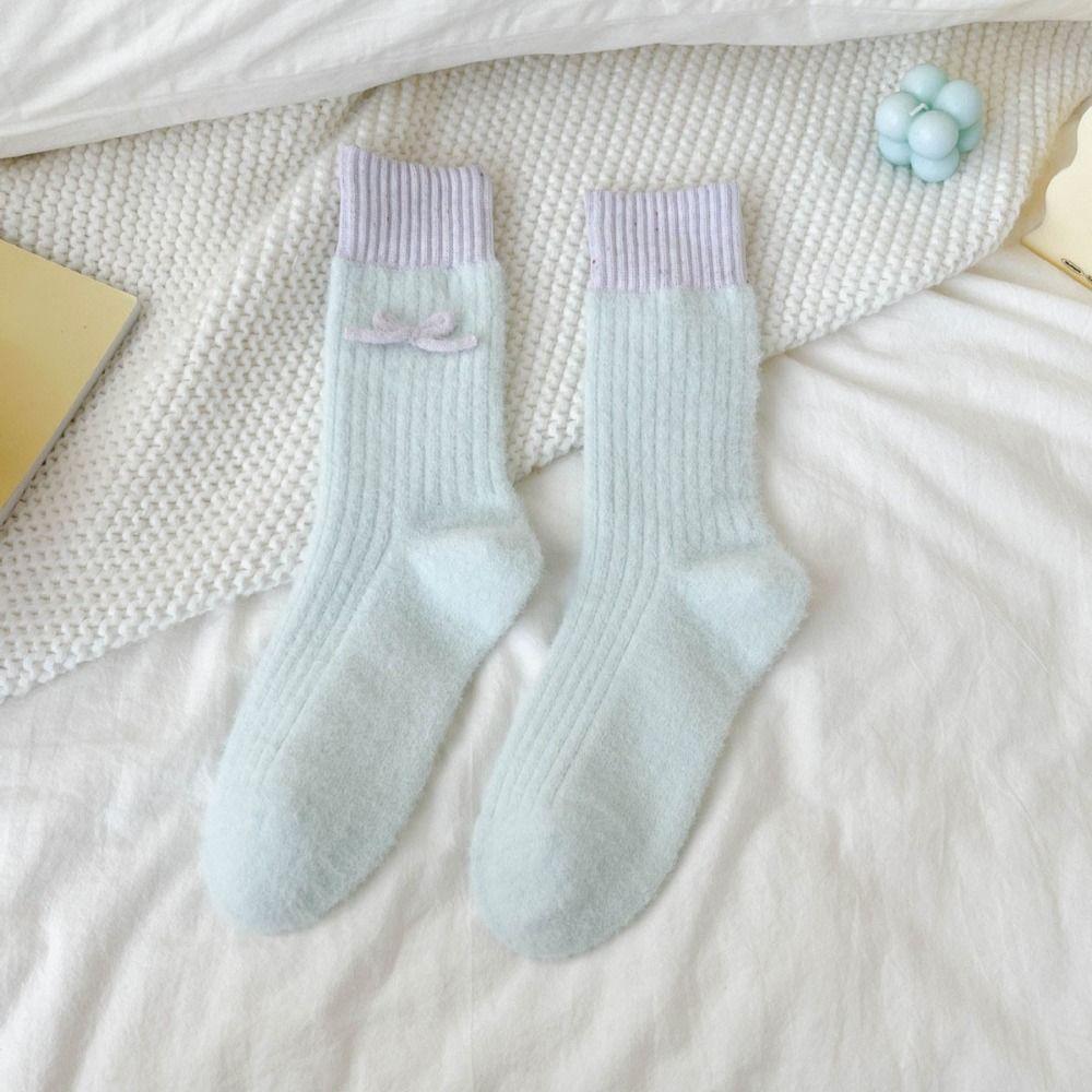 Soft Plush Sleep Socks Bowknot Warm Home Socks Simple Middle Tube Socks  Indoor Use