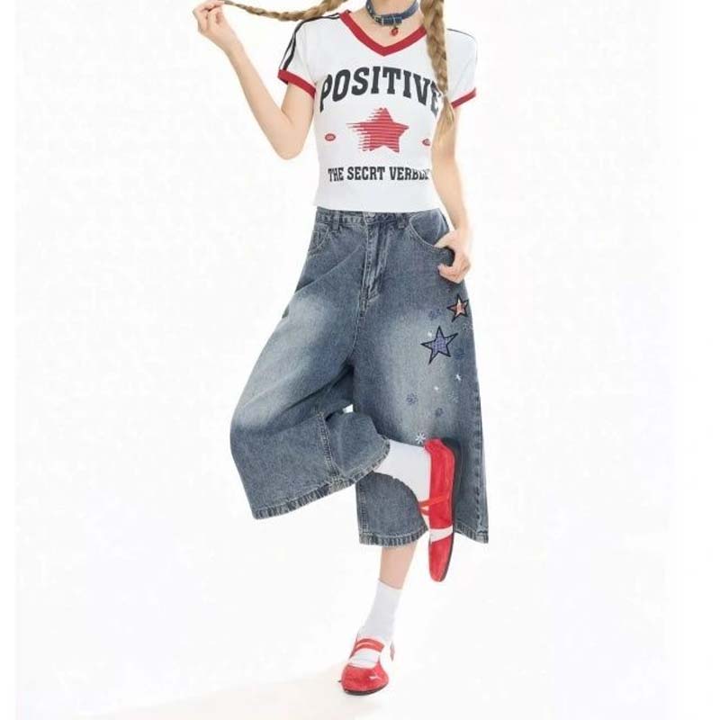 Women's Cropped Jeans Embroidered Loose Straight Wide Leg Shorts Pants Summer Clothing Y2k