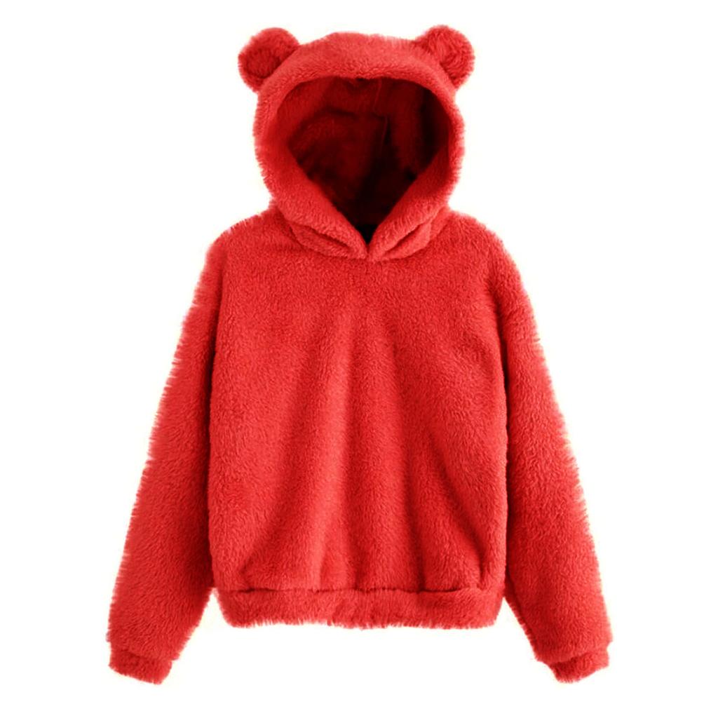 Women's Fashion Long Sleeve Solid Color Fleece  Ears Hooded Warm Sweater Sweatshirt