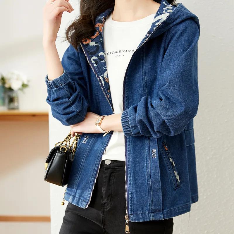 Stylish Hooded Denim Jacket Women's Short Jean Coat Mother  Outerwear Loose Casual Jackets Spring Autumn