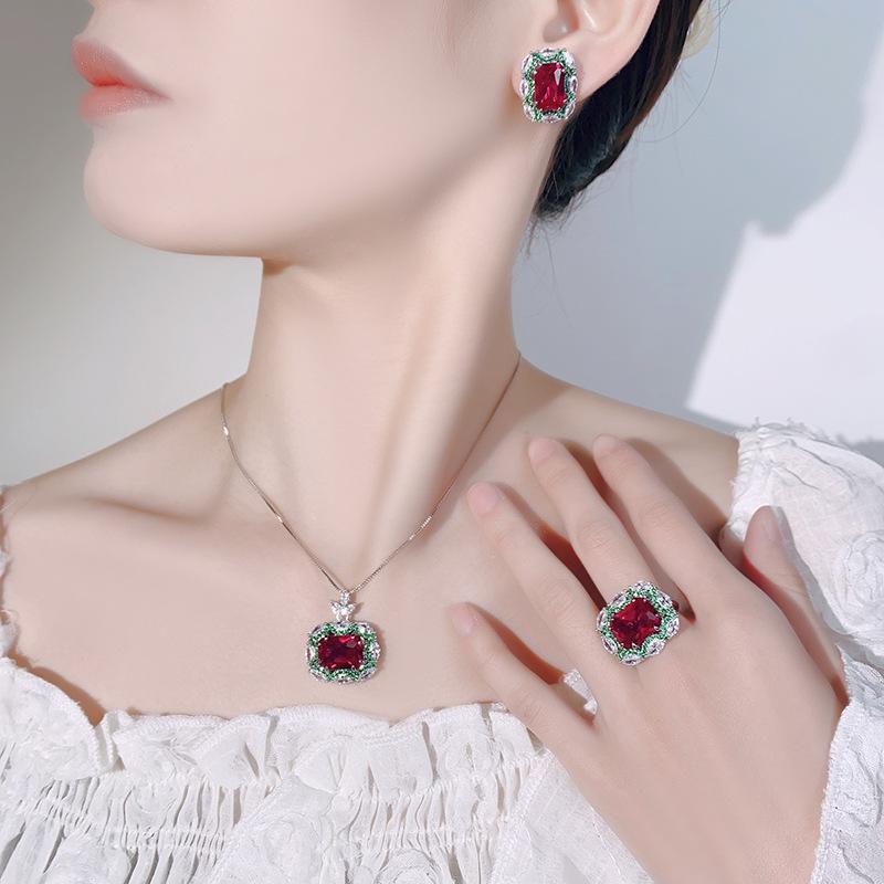 Wind Jewelry Set, Ruby Necklace, Ring Stud Earrings, Red Corundum Will Change Color, High-End Light Luxury Fashion Women