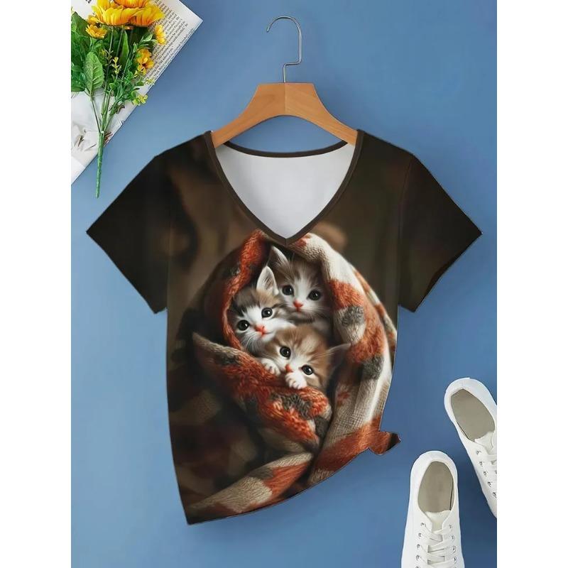3D Printed Women's V-neck T-shirt with Kitten Pattern Versatile Summer Fresh Women's Edition T-shirt Breathable Machine Washed Outdoor Top