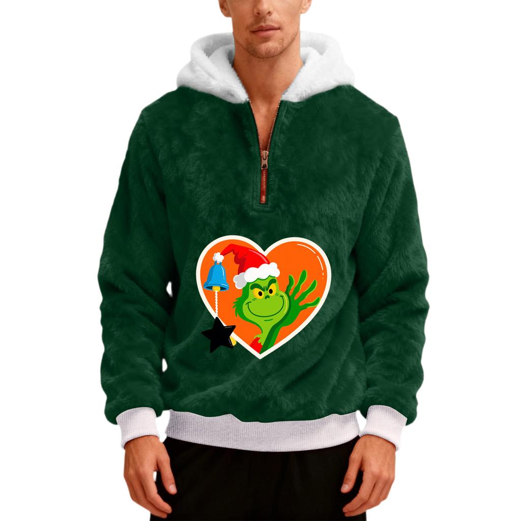 Pánská plyšová mikina s kapucí a polovičním zipem