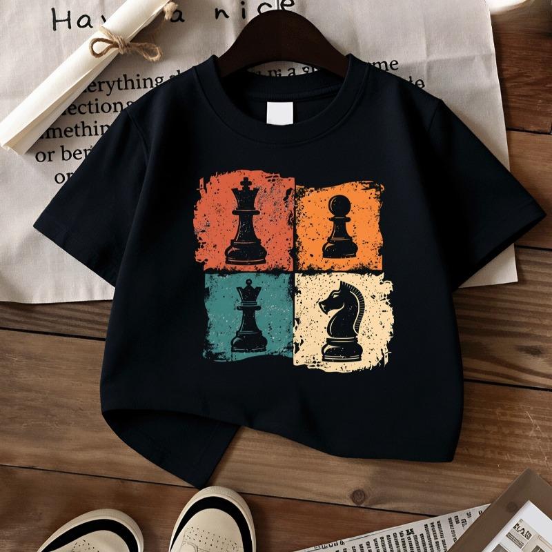 Kids Crew Neck Short Sleeve T-Shirt with Colorful Background & Chess Piece Print